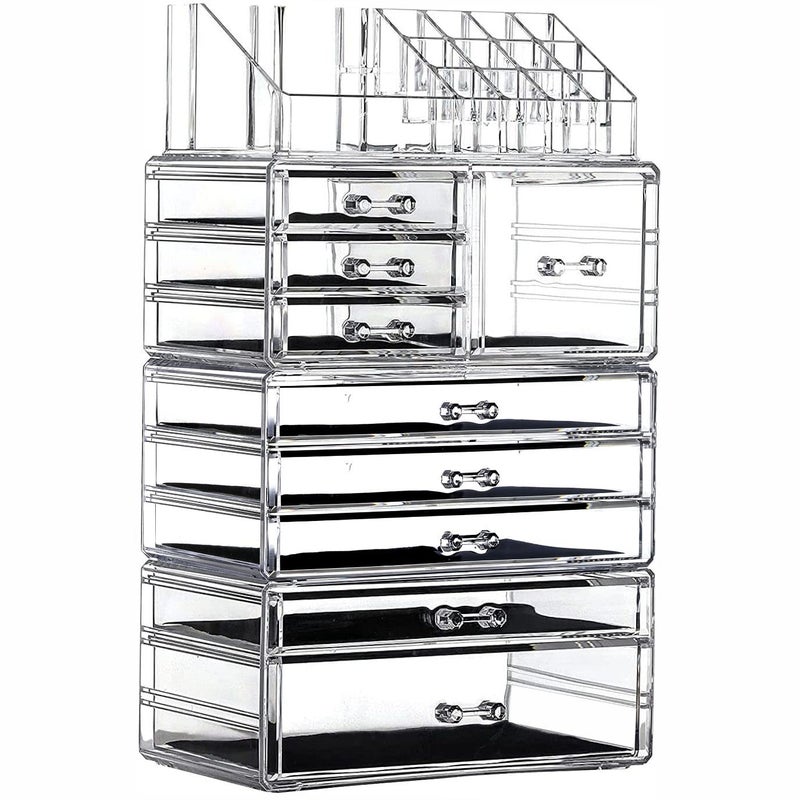 Cq acrylic 4 Pack Clear Make up Organizer Countertop,Stackable 9 Drawers Makeup Storage,Cute Vanity Organizers for dresser Hair Clip,Jewelry,Beauty Product Desk and Bathroom Organizers and Storage - Image 1